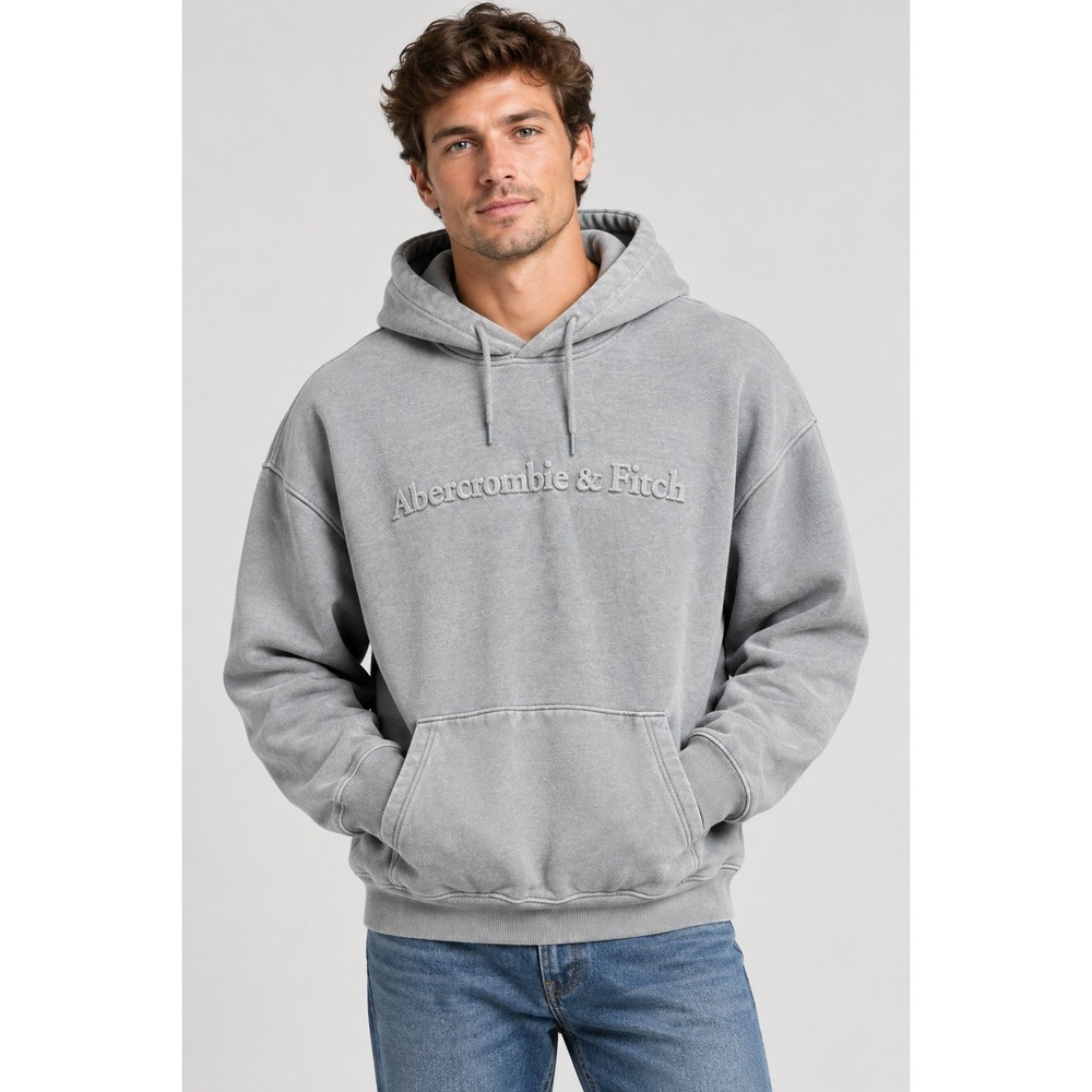 Abercrombie & Fitch Mens XL Grey Embossed Logo Pullover Hoodie Sweatshirt  Cozy
